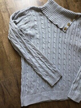 Jeanne Pierre 100% Cotton Cable Knit Open Cowl Neck Button Detail Sweater